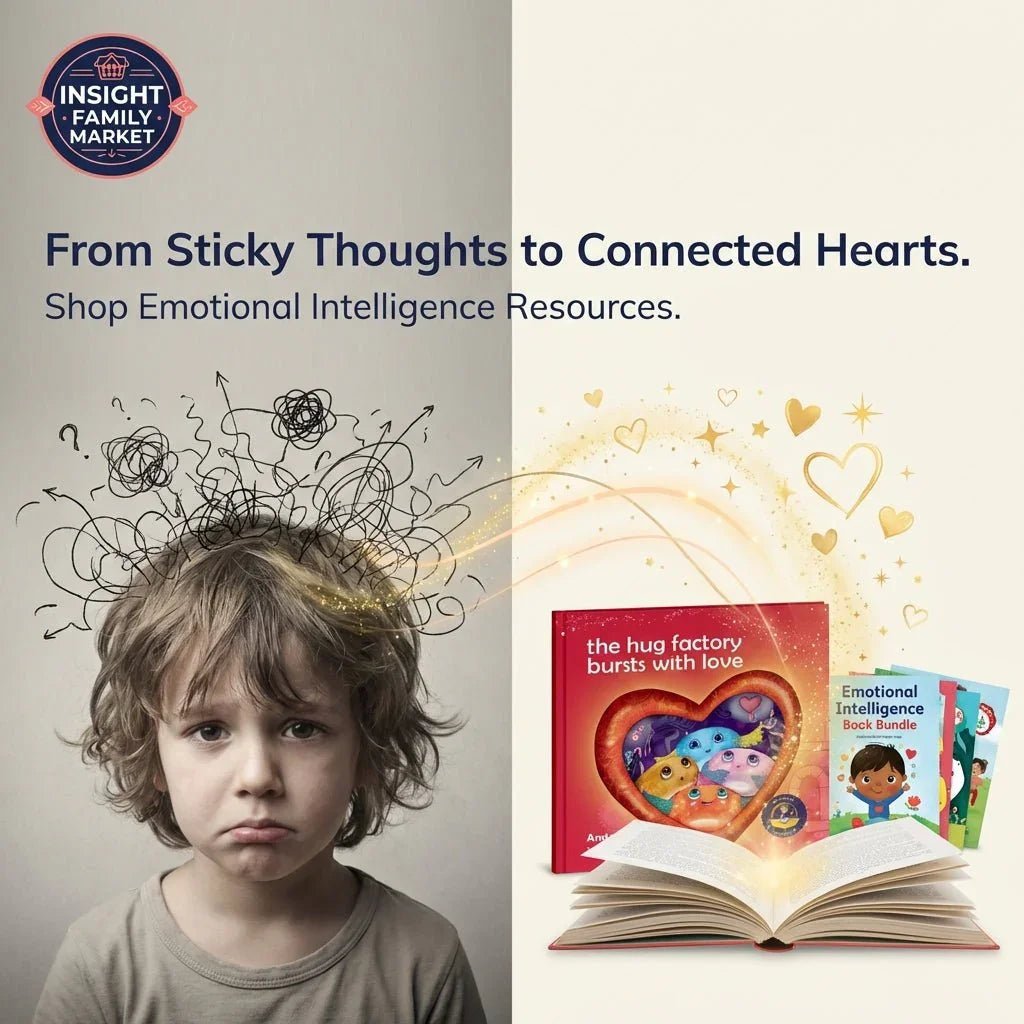 Sad child with messy scribbles above head, transitioning to emotional intelligence books with hearts, promoting resources for managing big feelings.