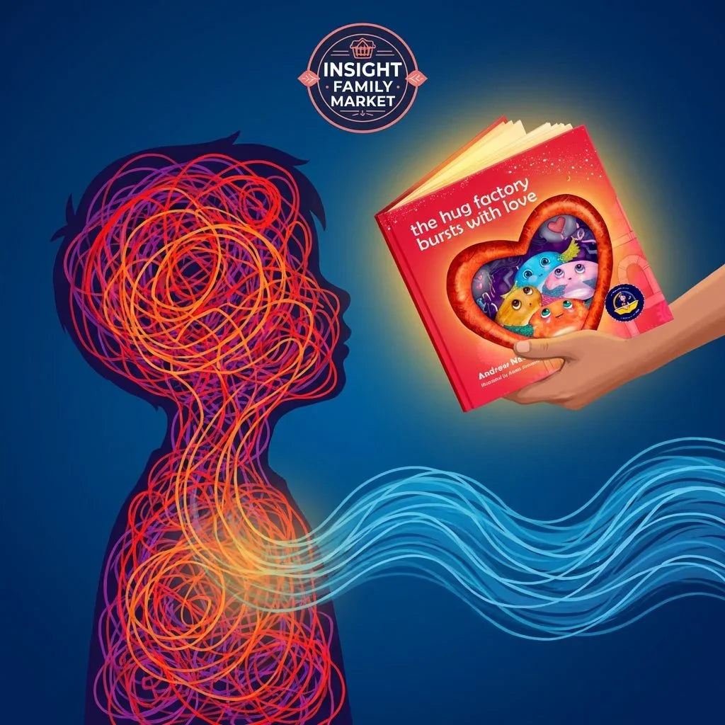 Illustration of tangled child silhouette receiving book 'The Hug Factory Bursts with Love' for emotional support