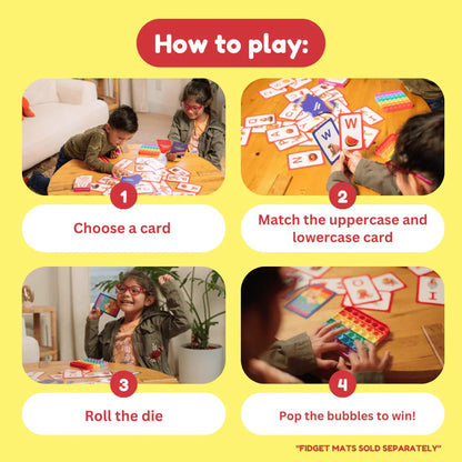 Children playing an educational uppercase and lowercase letter matching card game with pop fidget mat.