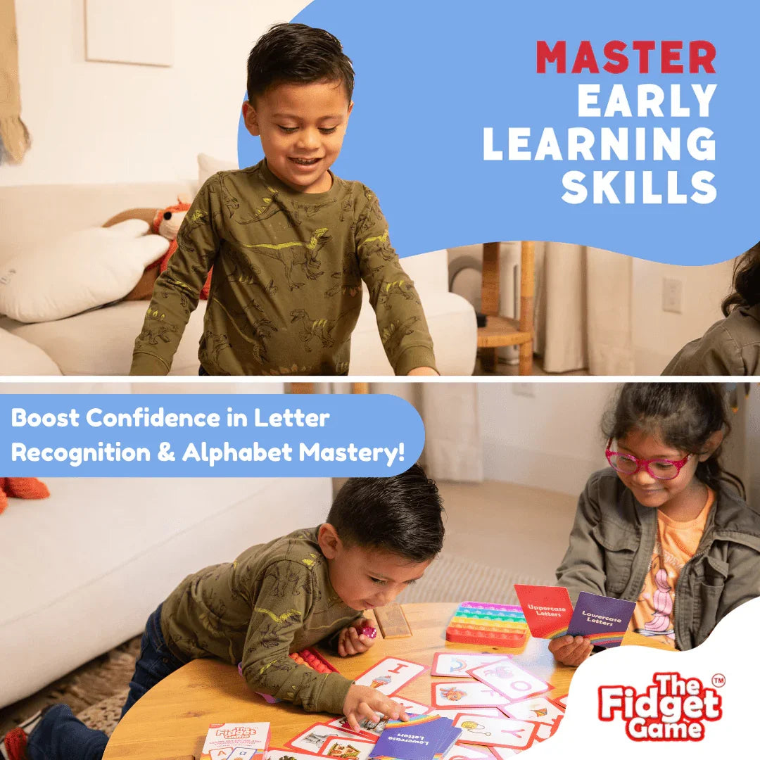 Children playing an educational letter recognition card game to boost alphabet learning skills.