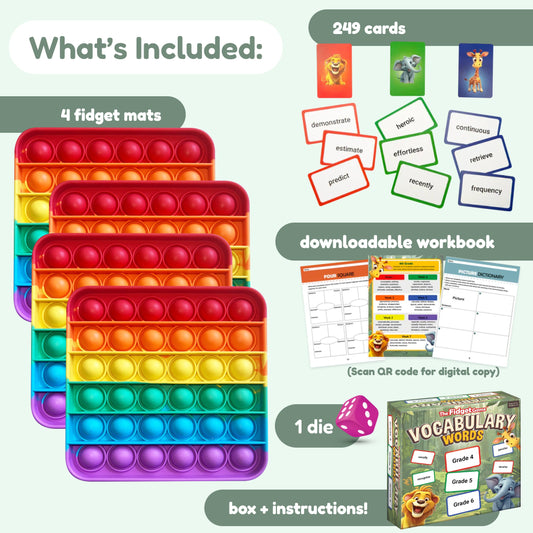 An infographic titled "What's Included:" detailing the contents of The Fidget Game: Vocabulary Words educational game. The items are spread across a light green background with gray labels indicating each component