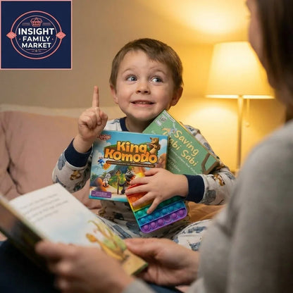 Smiling child in pajamas holding sensory toy and learning games, eager for bedtime reading.