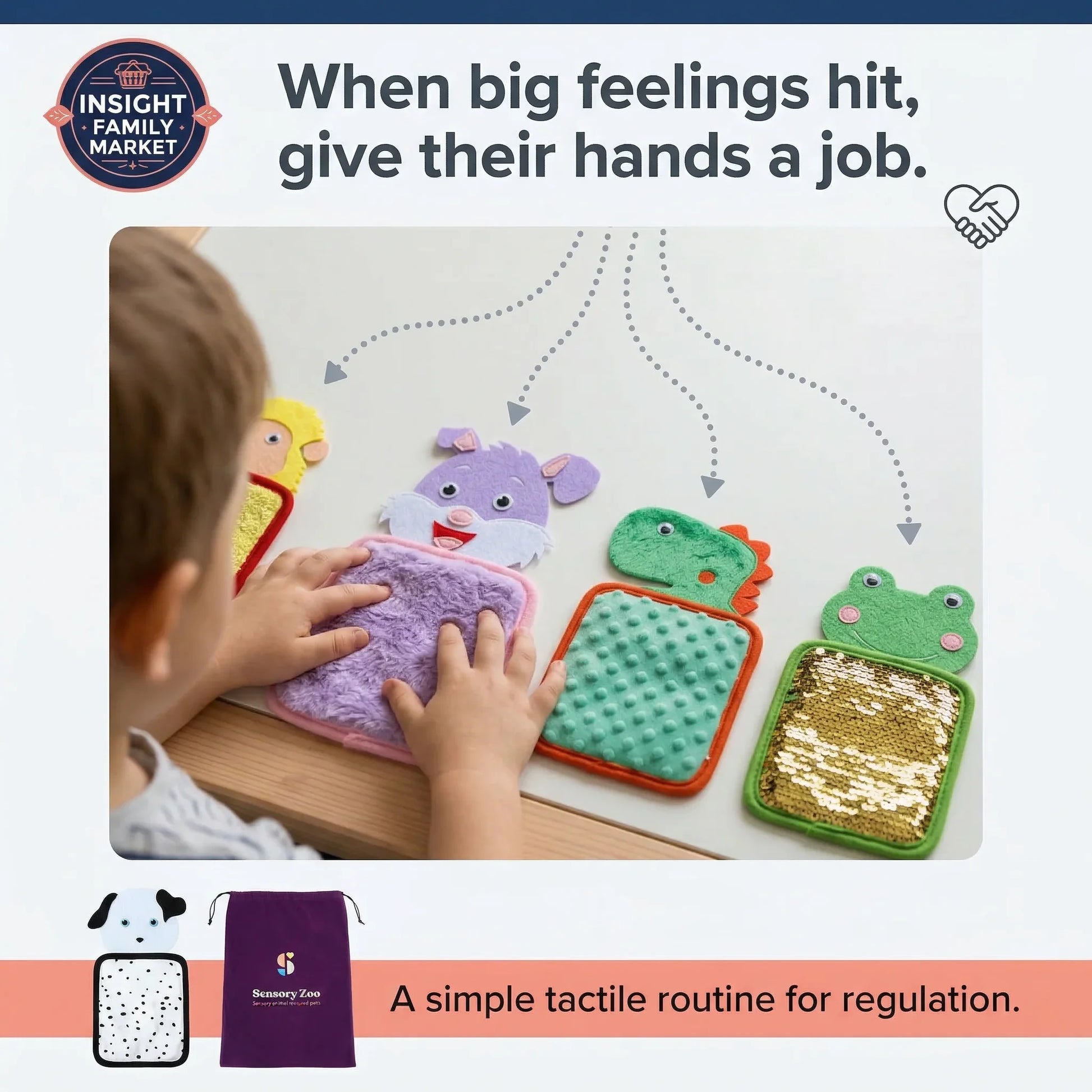 Children playing with tactile toys on a table, with text about giving children hands a job when they have big feelings.