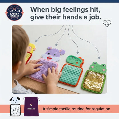 Children playing with tactile toys on a table, with text about giving children hands a job when they have big feelings.