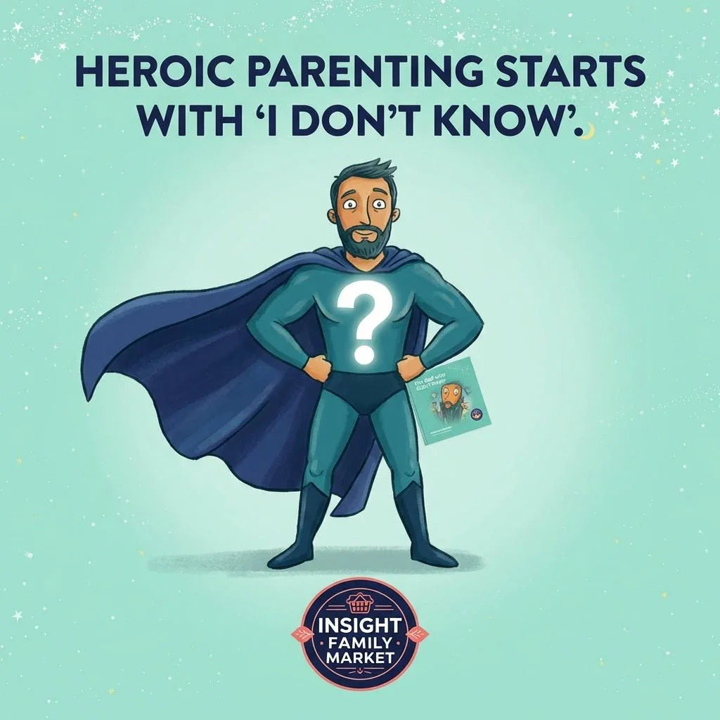 Cartoon superhero parent with question mark on chest, holding a book, promoting parenting support.