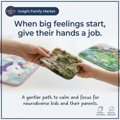 Two hands holding a textured object with text about calm and focus for neurodiverse kids and parents, branded 'Insight Family Market'.