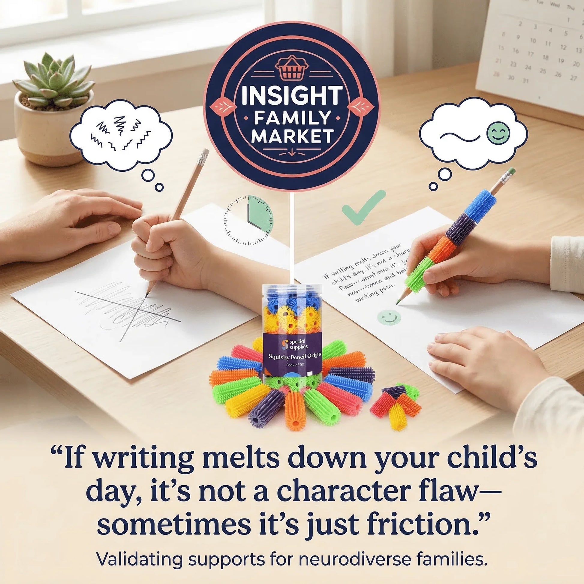 Child struggling with handwriting on left, using squishy pencil grip on right for smoother writing, sensory tool for neurodiverse kids.
