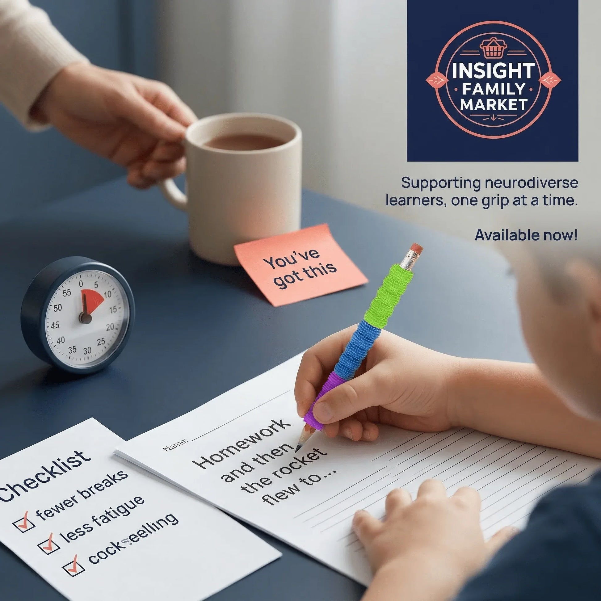 Child writing with ergonomic pencil grip, checklist and timer on desk, neurodiversity support