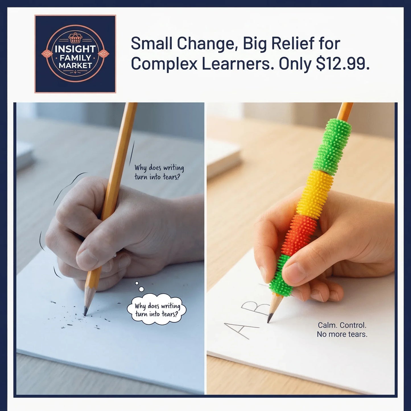 Child's hand writing with and without ergonomic sensory pencil grip for handwriting support