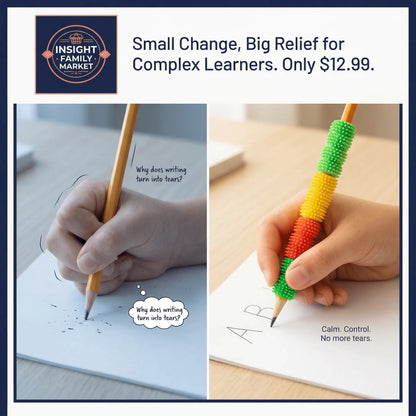 Child's hand writing with and without ergonomic sensory pencil grip for handwriting support