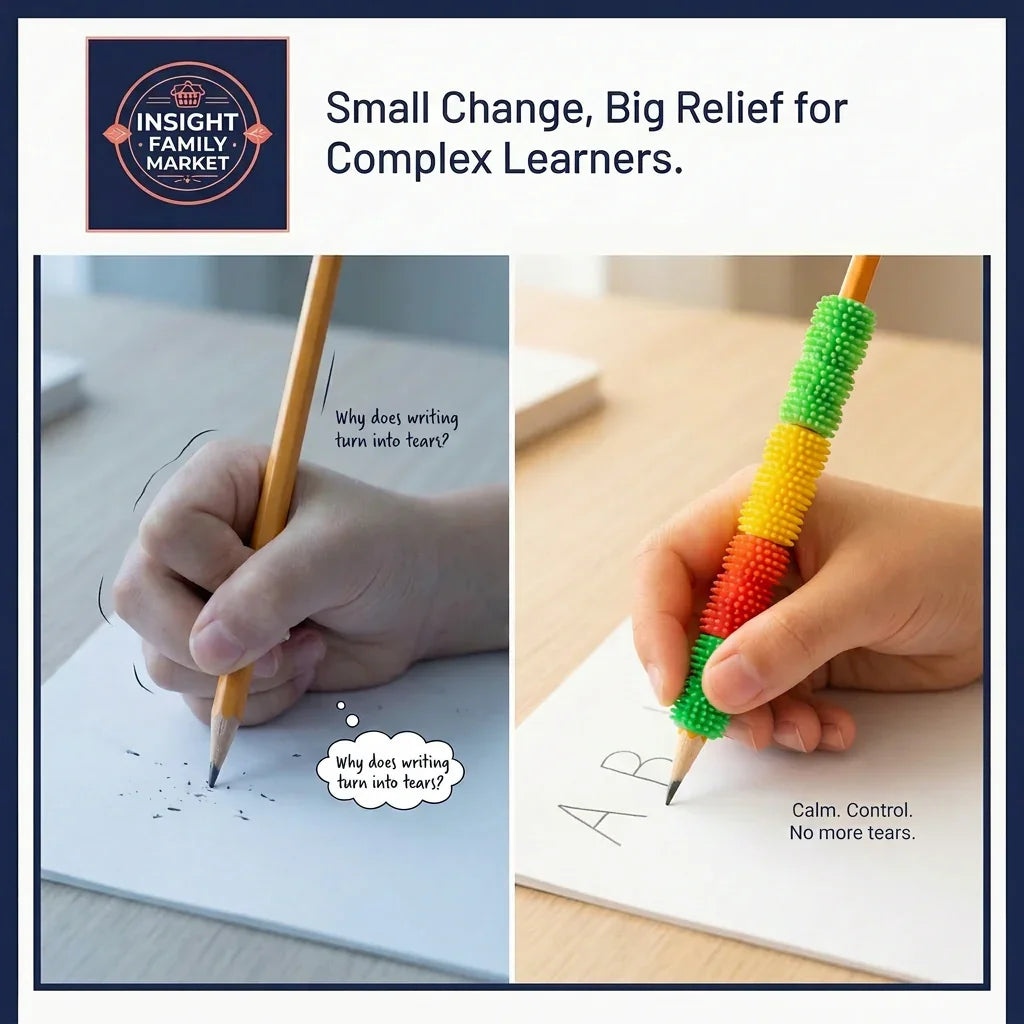 Side-by-side image of a child’s hand gripping a pencil with and without a colorful sensory pencil grip, showing improved handwriting control.
