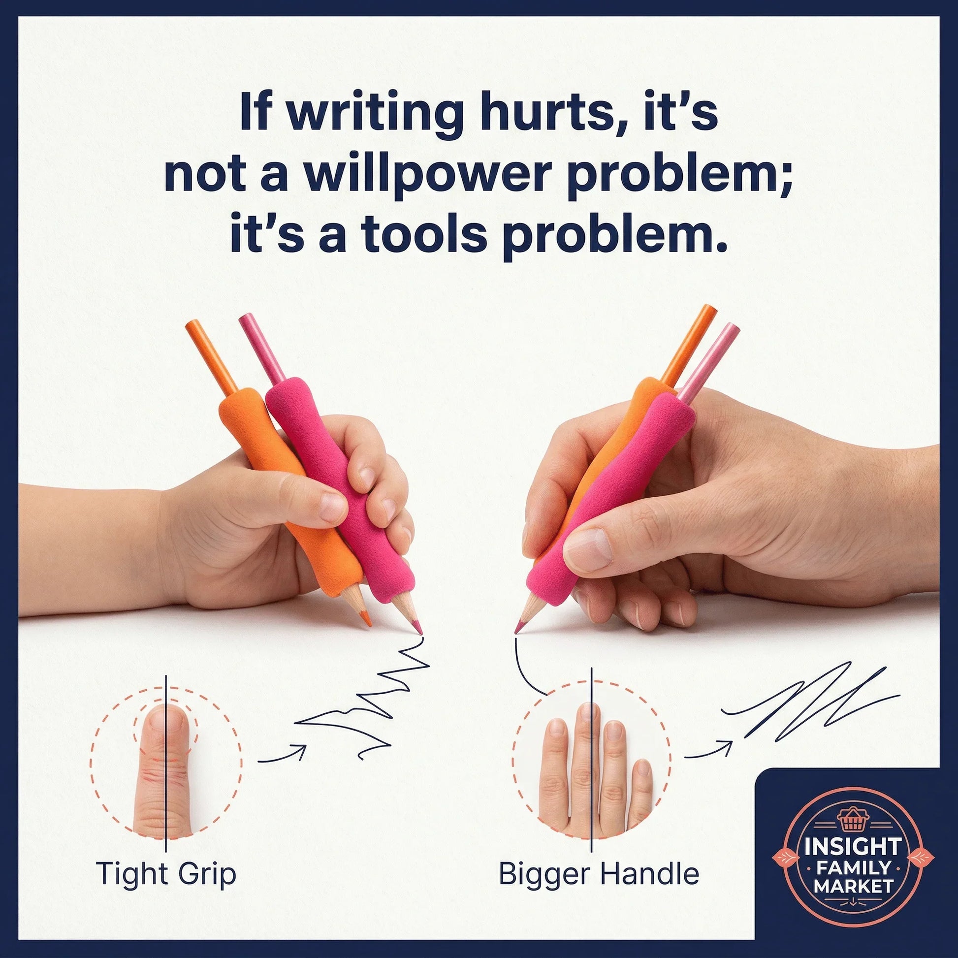 Handwriting grip comparison using pencil grips, showing tight grip vs bigger ergonomic handle for writing support.