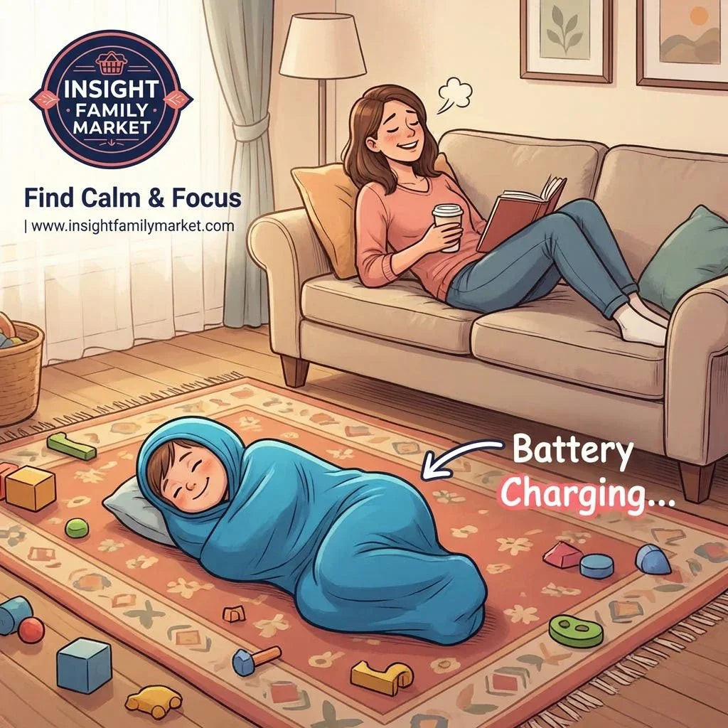 Smiling child wrapped in a blue sensory blanket on rug, with relaxed woman on couch, toys nearby.