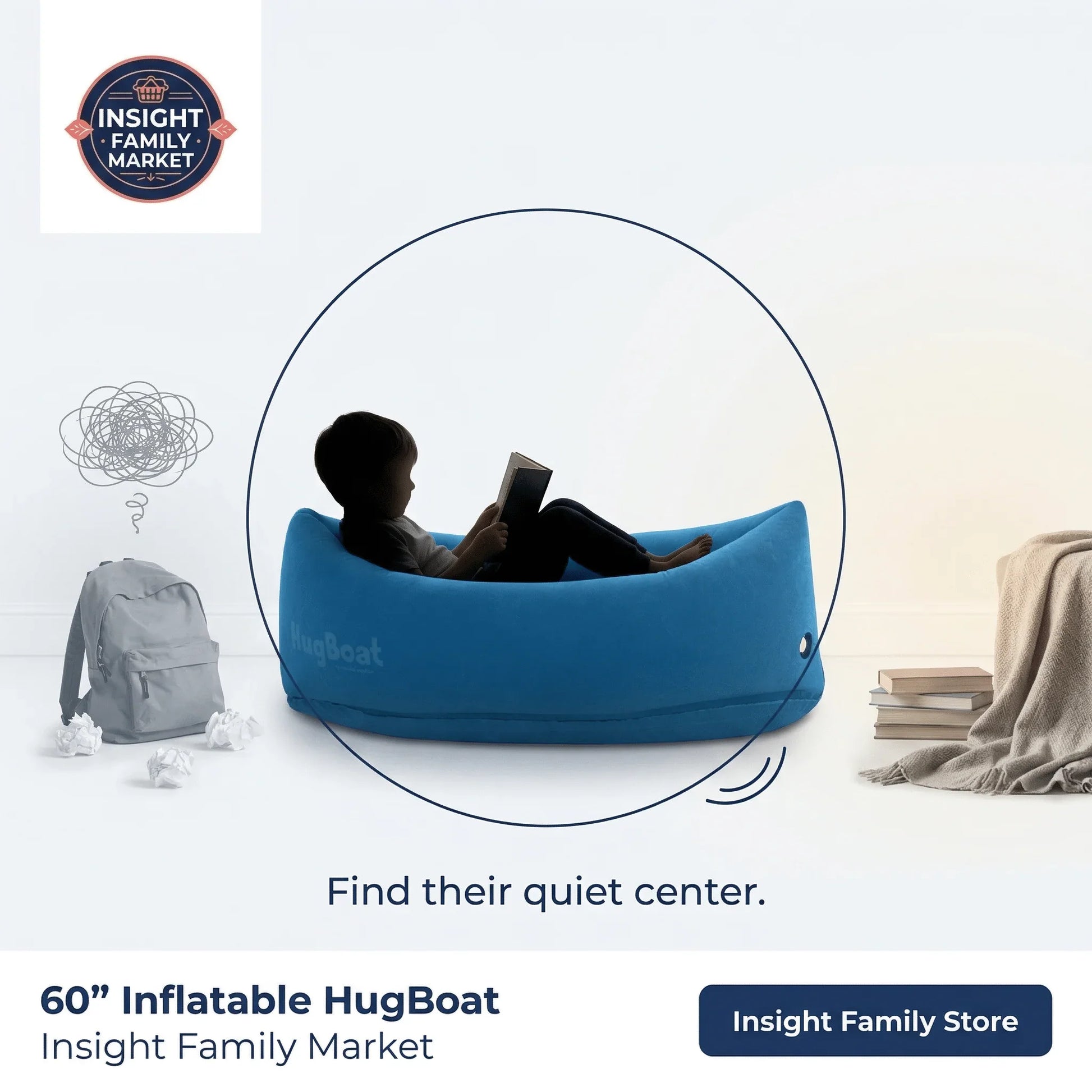 Child reading in a blue inflatable sensory chair, surrounded by books and a cozy setup