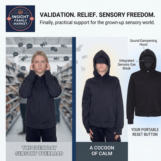 Sensory-friendly black hoodie for adults with sound-dampening hood and integrated eye mask, shown reducing sensory overload in a store setting.