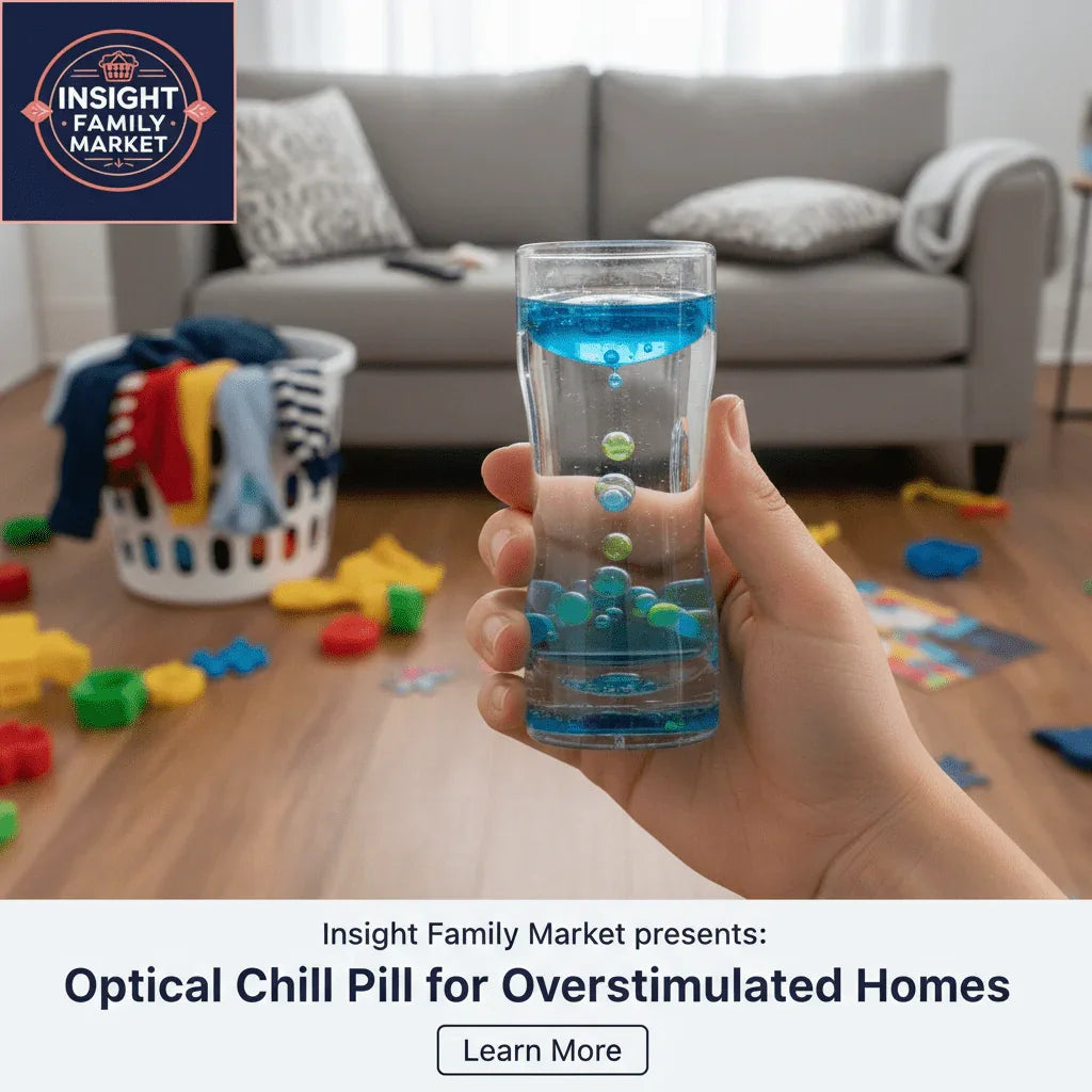 Hand holding sensory calming liquid timer in cluttered living room with toys and laundry basket.