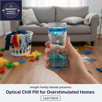 Hand holding sensory calming liquid timer in cluttered living room with toys and laundry basket.