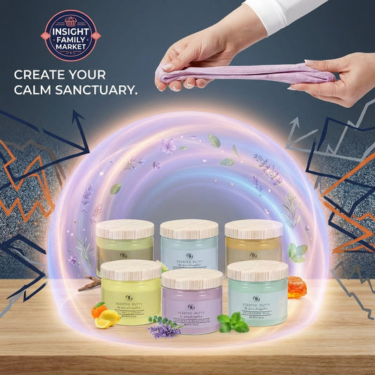 Jars of cream on a wooden surface with a glowing circle and hands holding a towel, against a dark blue background with abstract designs.