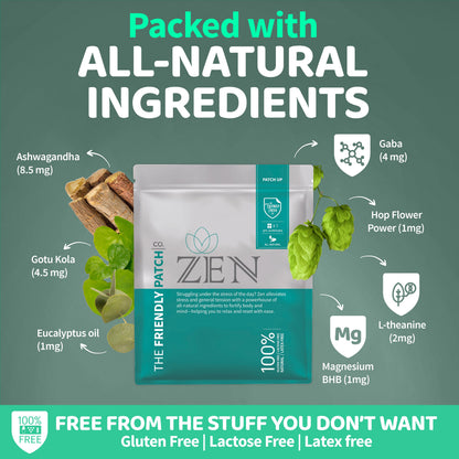 ZEN supplement package with natural ingredients listed on a green background
