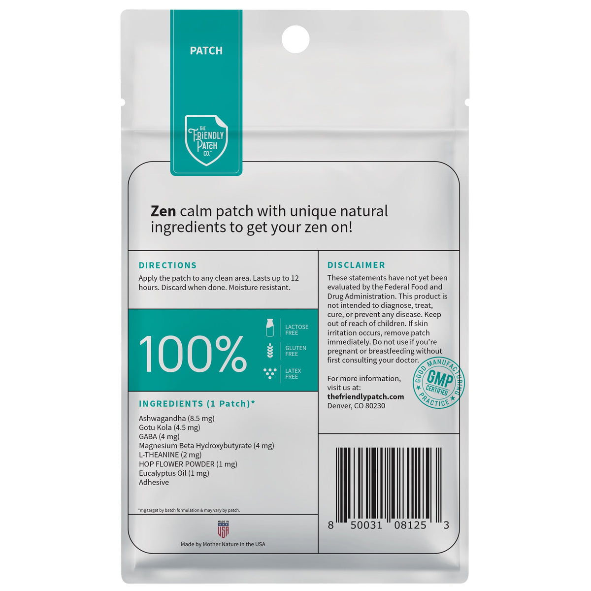 Package of a Zen calm patch with text and branding on a white background