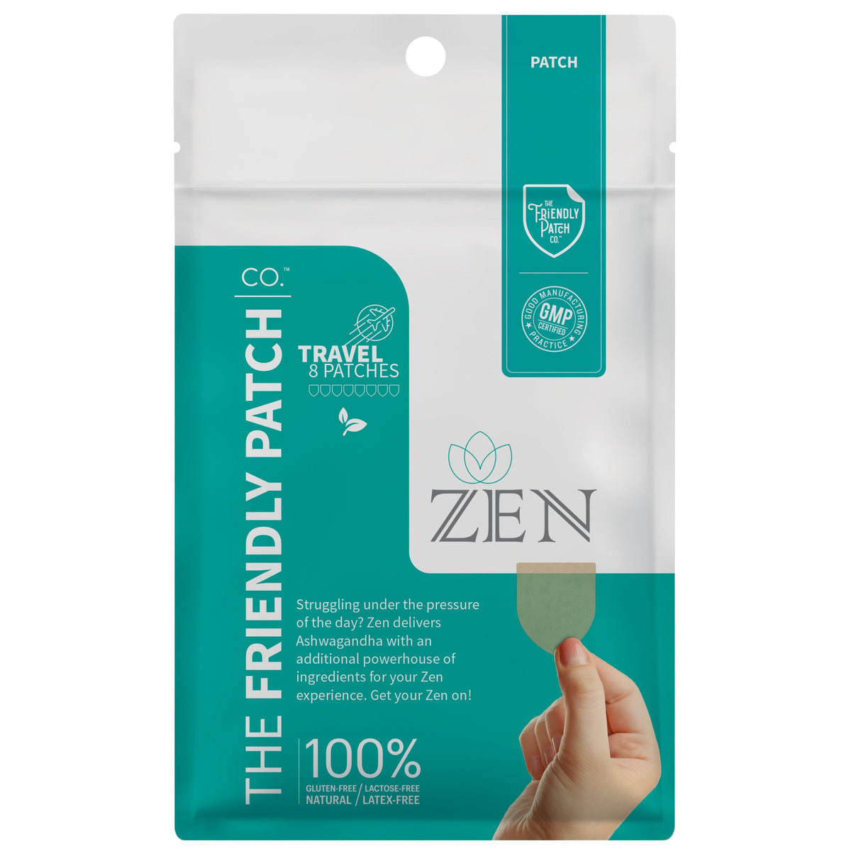 Zen Travel 8 Patches pouch with a hand peeling back a teal patch, on a white background.