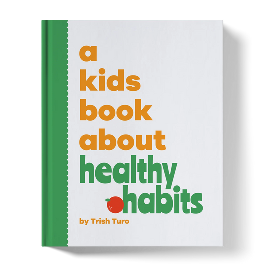 Children's book cover titled 'a kids book about healthy habits' with green spine and playful text