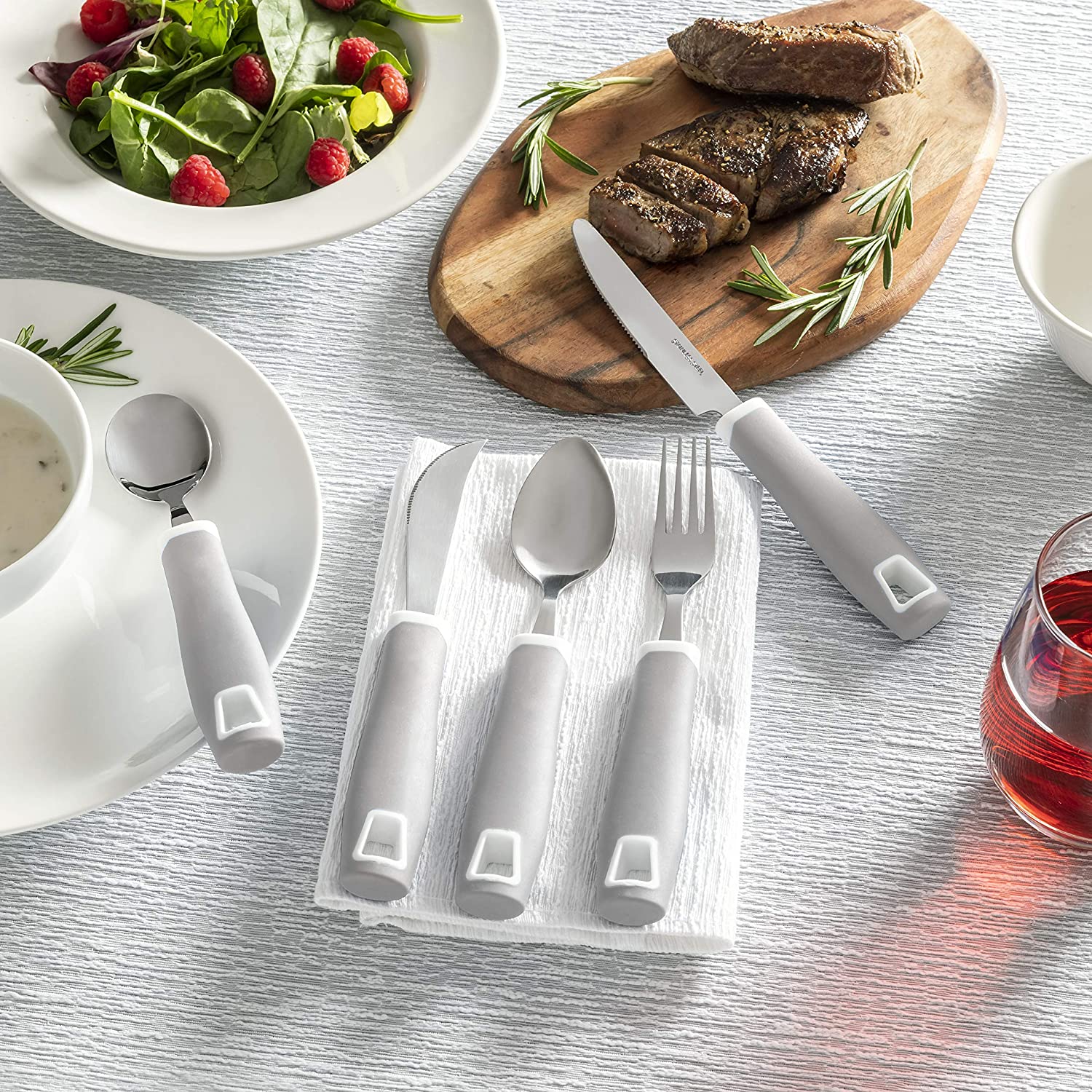 Set of 5 Gray Adaptive Utensils - Stainless Steel Knife, Rocker Knife, Fork, Soup Spoon, Dinner Spoon - Insight Family Market