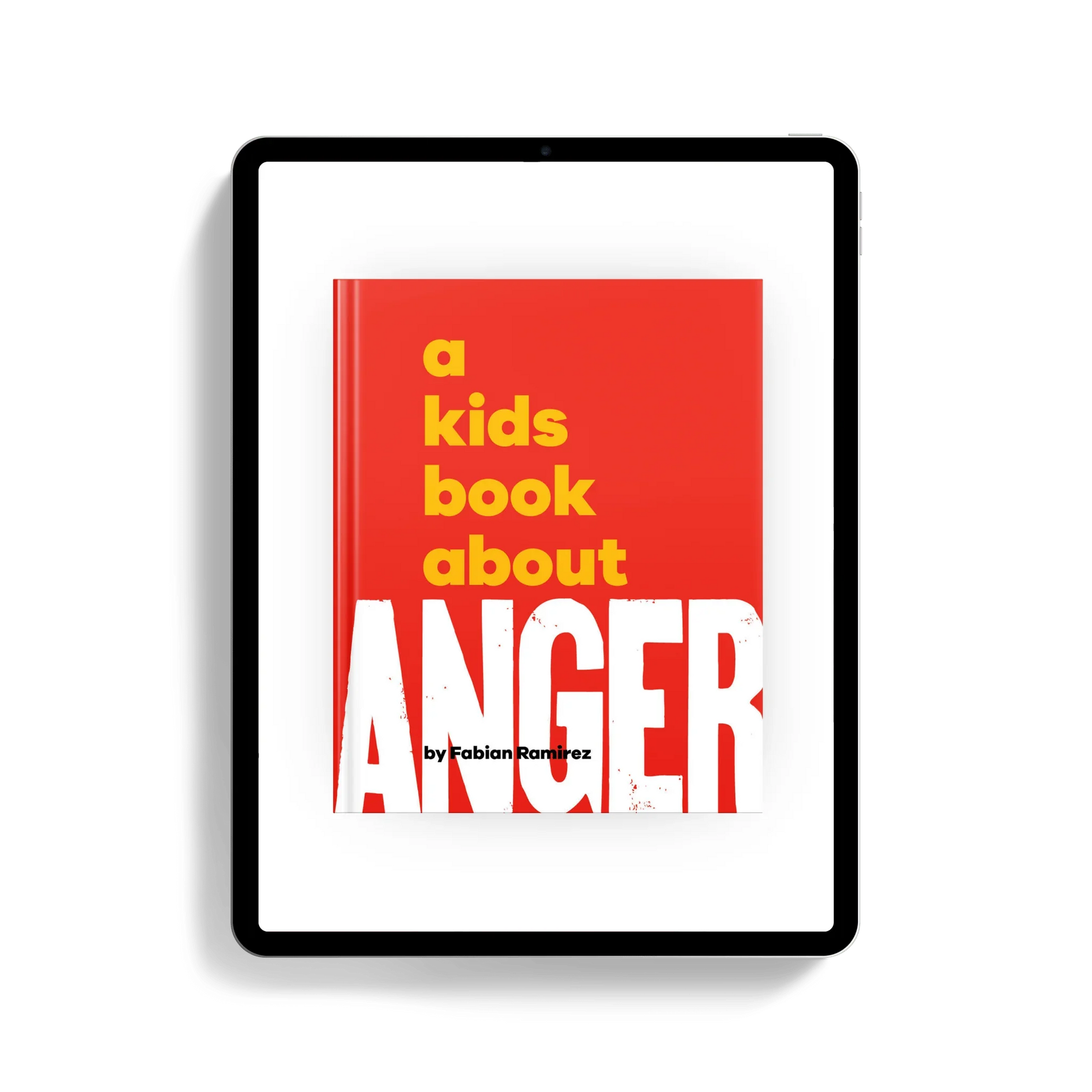 Kids anger management eBook cover shown on tablet with bold red and yellow design