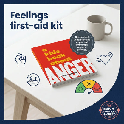 A kids book about anger on table with emotion icons, feelings first-aid kit for children.