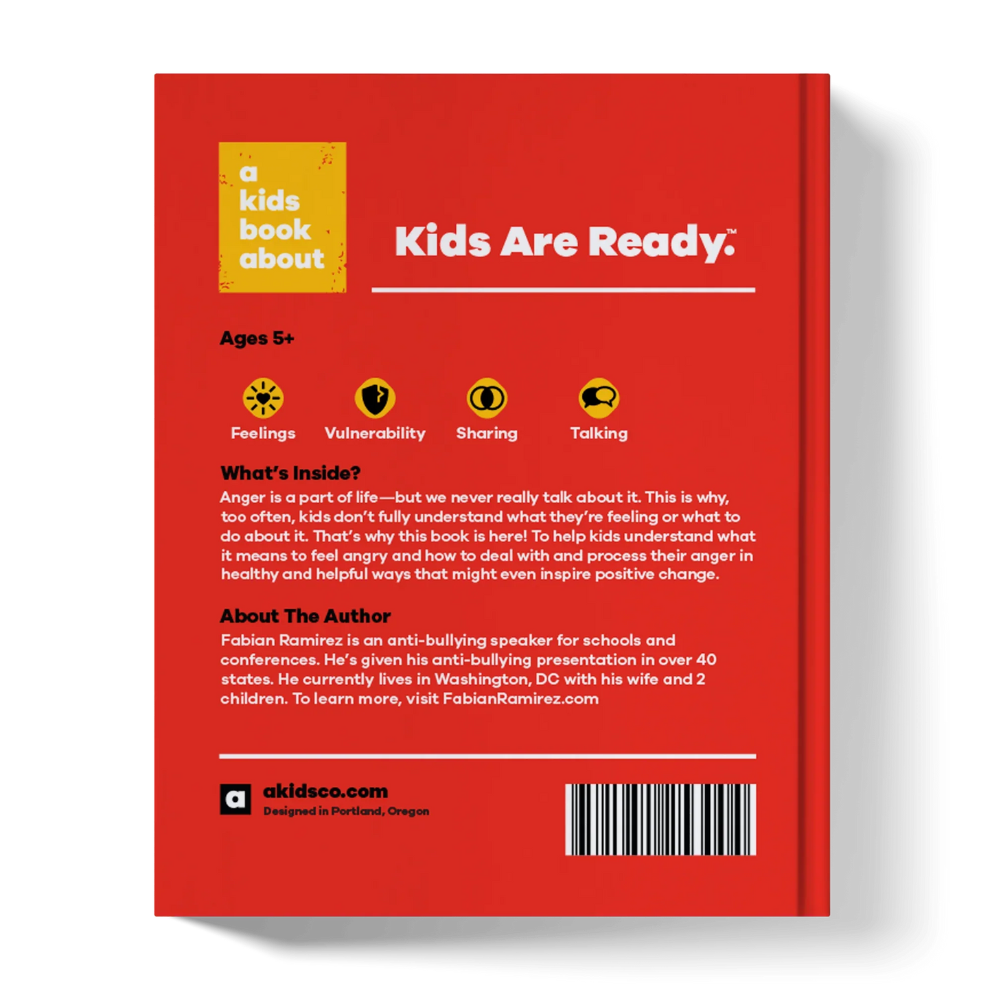 Back cover of a children's book about understanding and processing anger, ages 5+, red background.