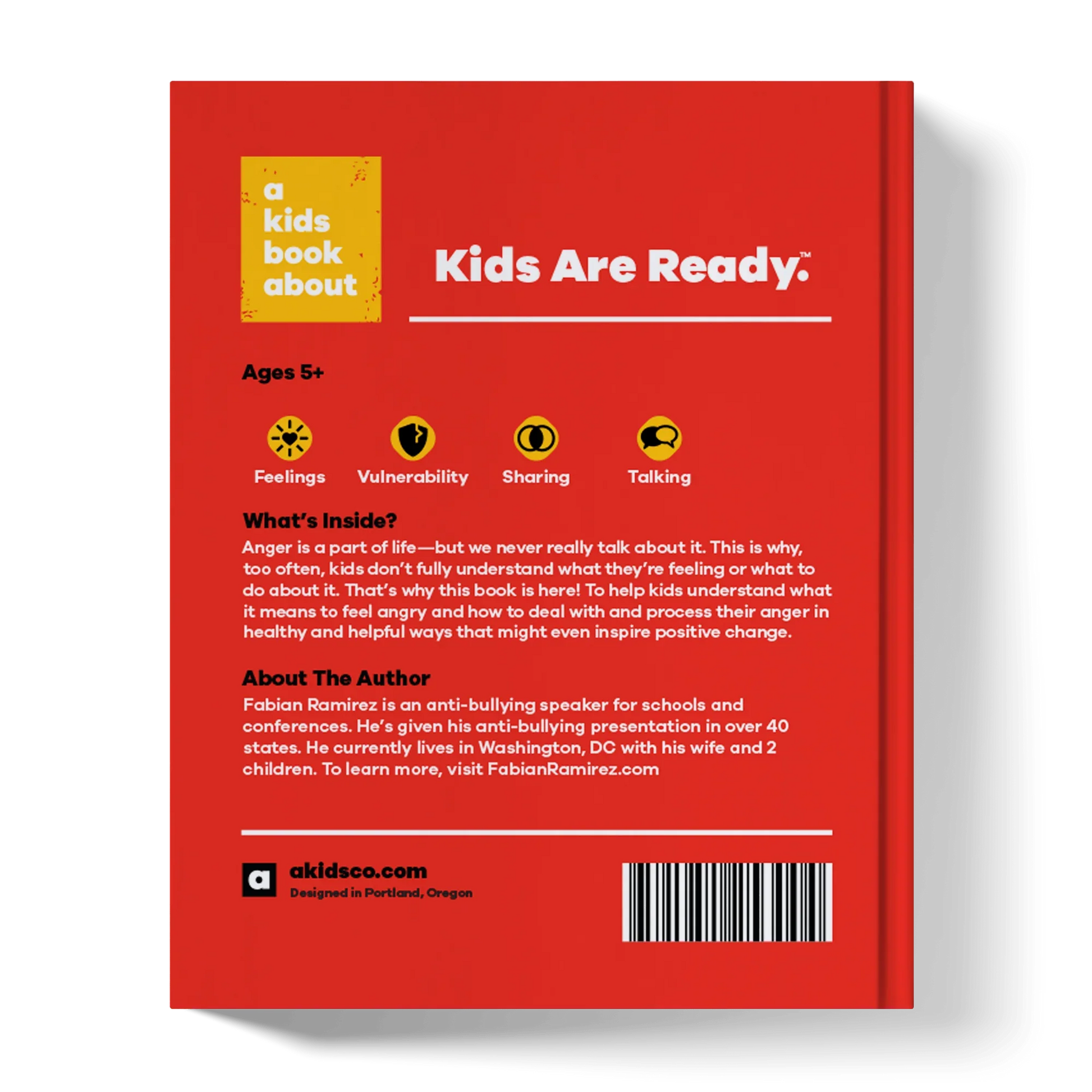 Back cover of a children's book about understanding and processing anger, ages 5+, red background.
