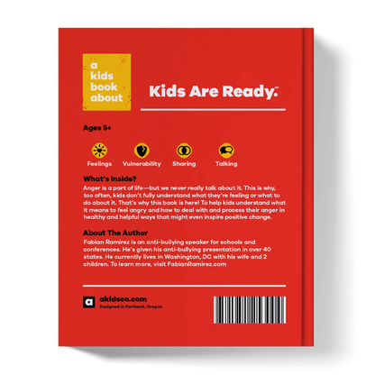 Back cover of a children's book about understanding and processing anger, ages 5+, red background.