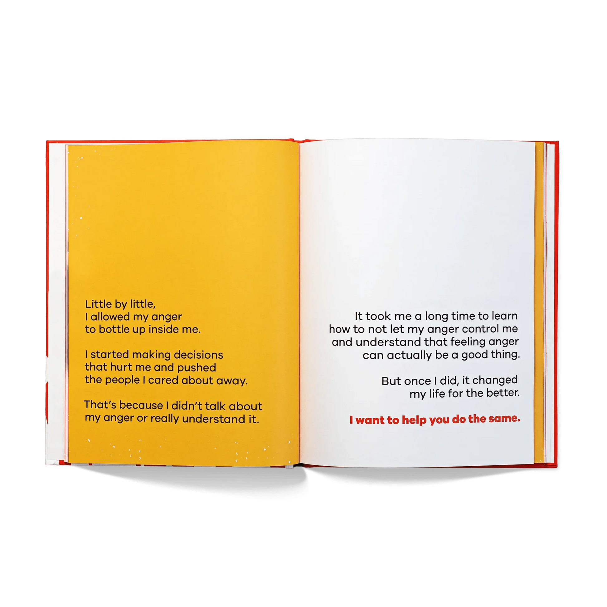 Open book spread with text about understanding and managing anger, yellow and white pages