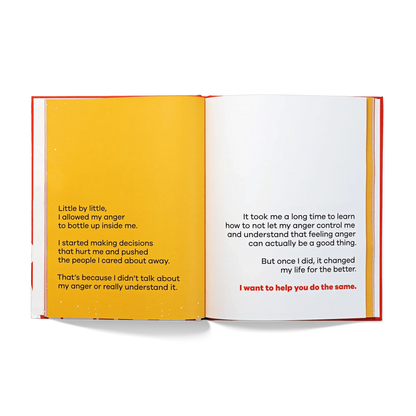 Open book spread with text about understanding and managing anger, yellow and white pages