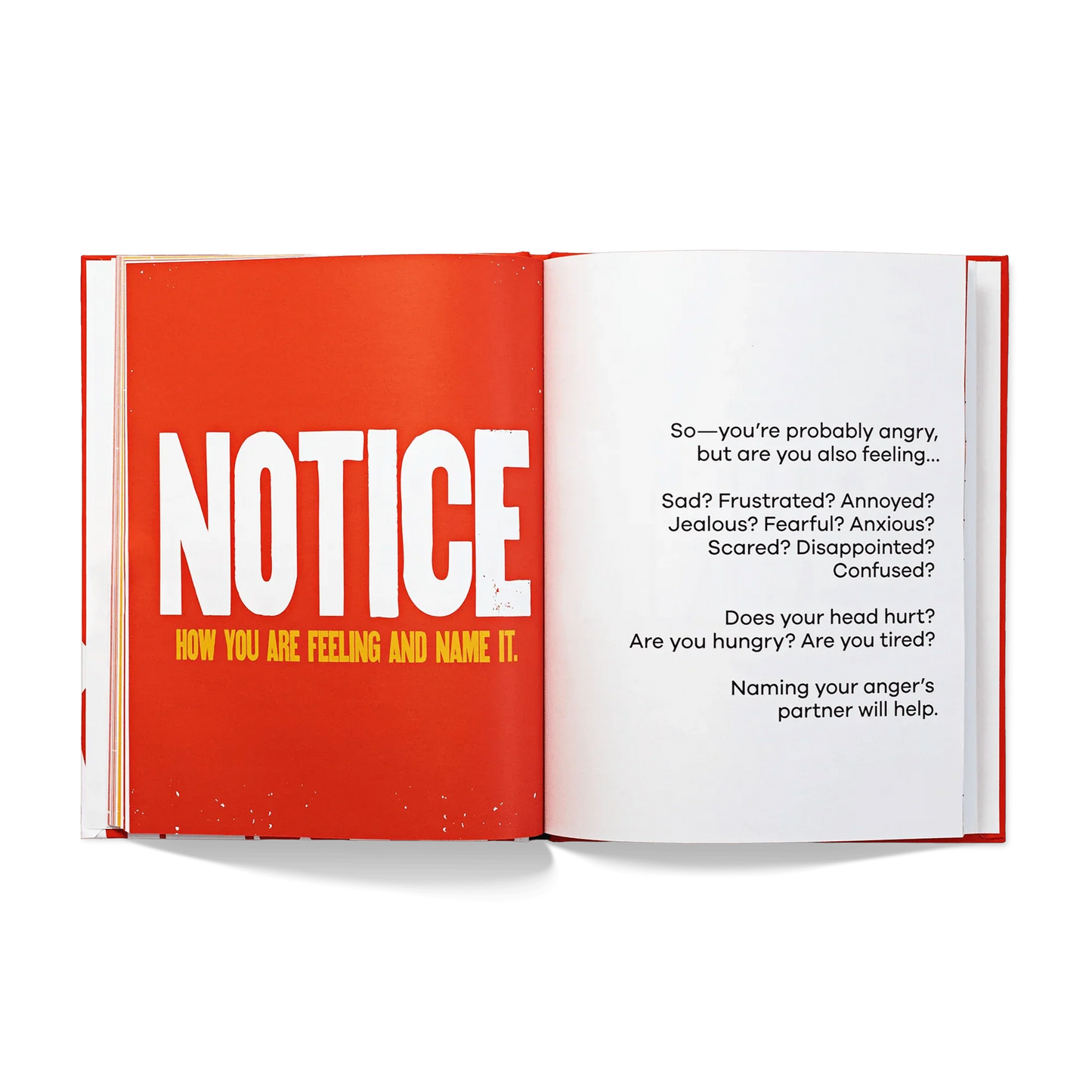 Open book spread on identifying emotions, with bold text 'NOTICE how you are feeling and name it'.