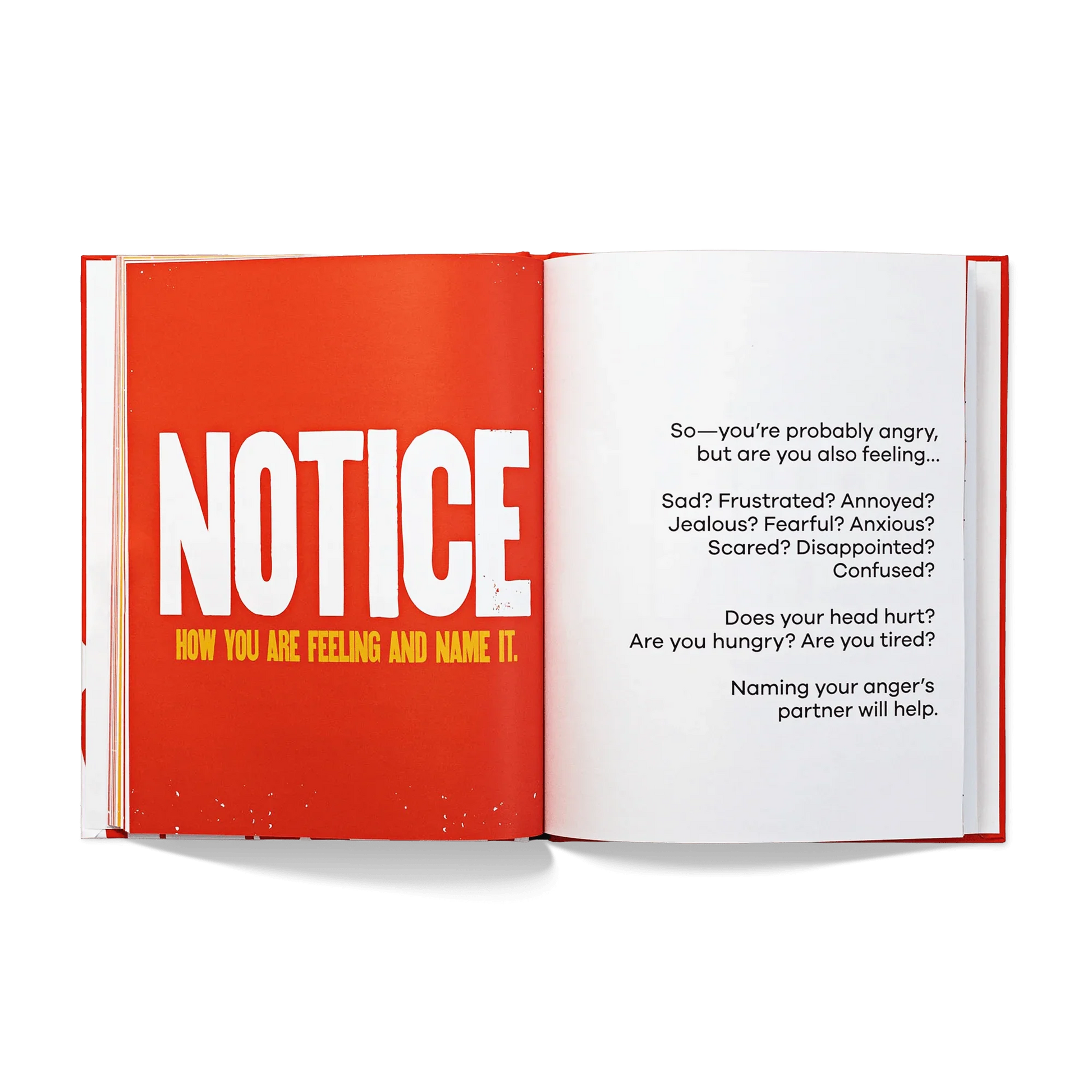 Open book spread on identifying emotions, with bold text 'NOTICE how you are feeling and name it'.