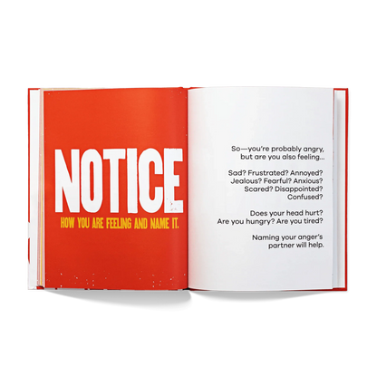 Open book spread on identifying emotions, with bold text 'NOTICE how you are feeling and name it'.