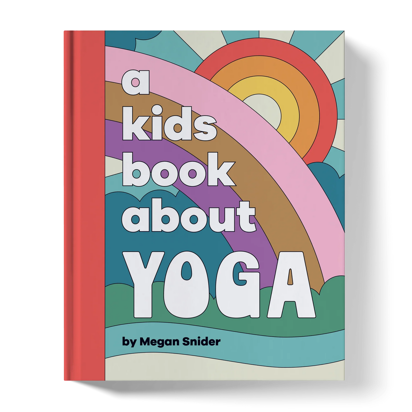 Children's yoga book cover with colorful rainbow and sun illustration