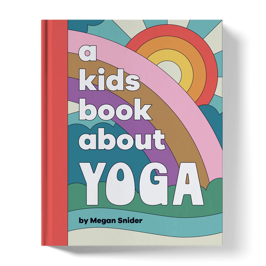 Children's yoga book cover with colorful rainbow and sun illustration