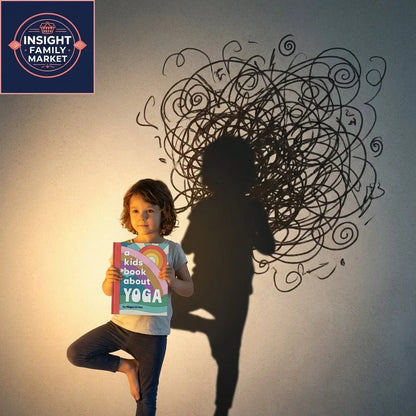 Child practicing yoga pose holding kids yoga book, with scribble shadow illustrating mental calm