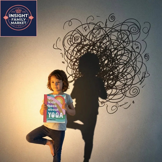 Child practicing yoga pose holding kids yoga book, with scribble shadow illustrating mental calm