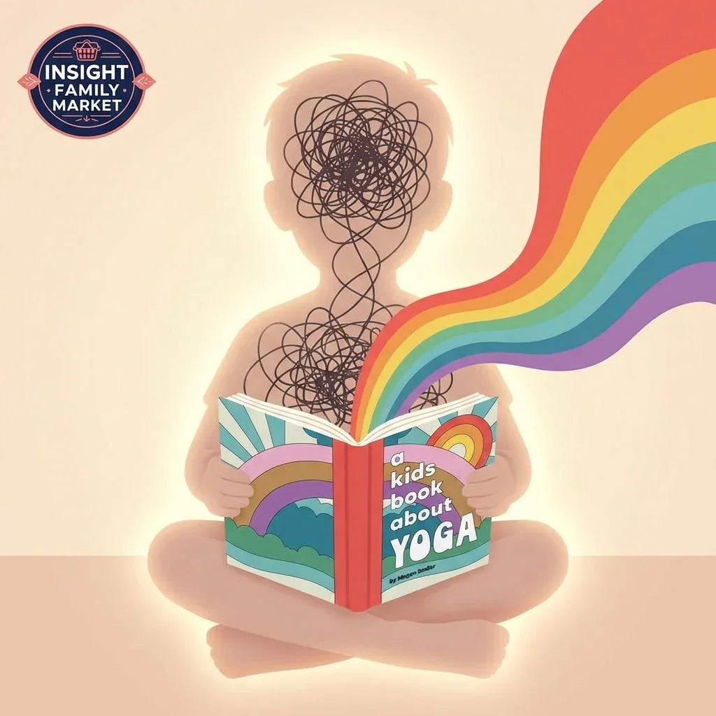 Child reading yoga book with scribbled face and rainbow, symbolizing calm and mindfulness