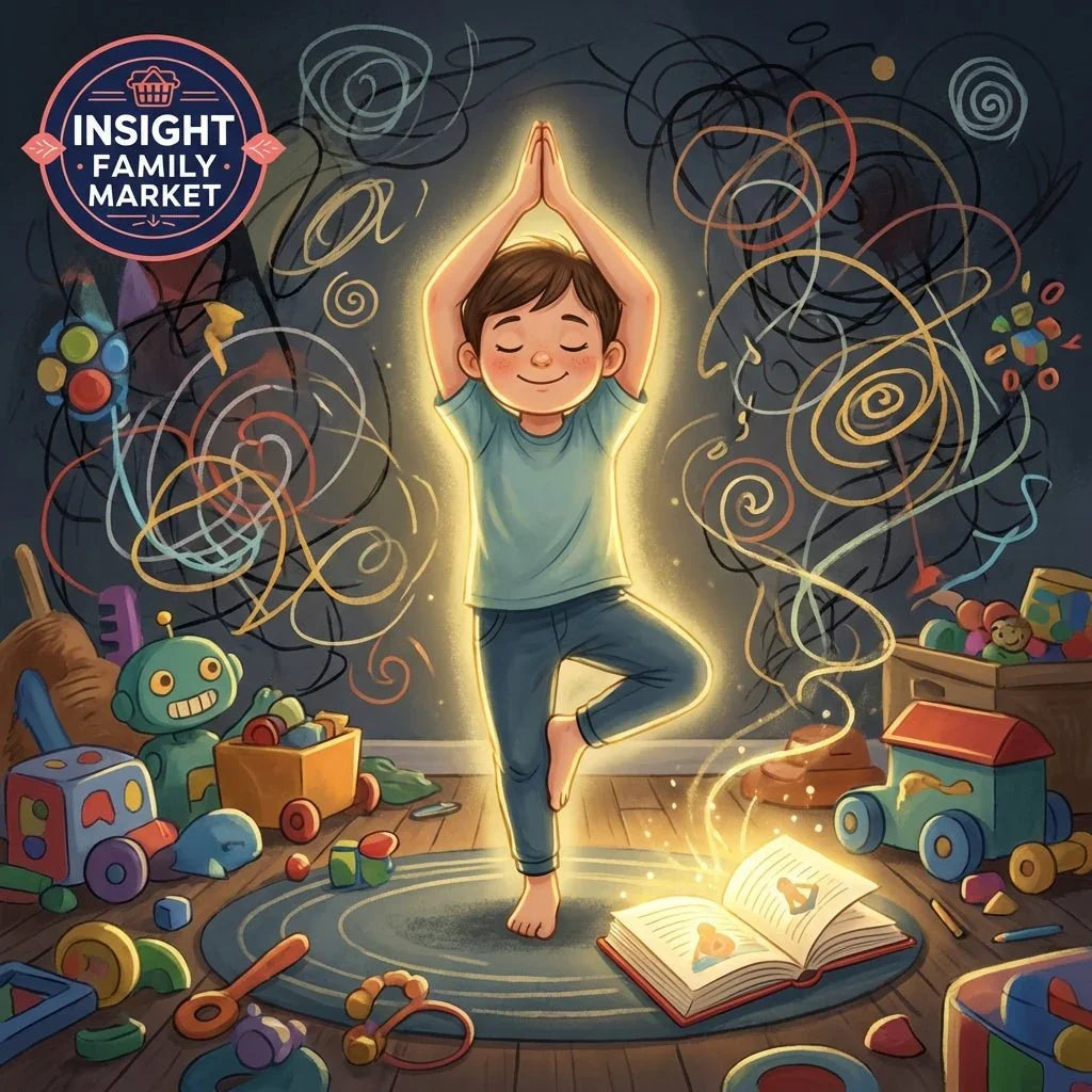 Child practicing yoga pose with eyes closed, surrounded by toys and swirling lines, open book glowing