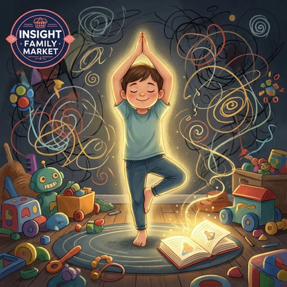 Child practicing yoga pose with eyes closed, surrounded by toys and swirling lines, open book glowing