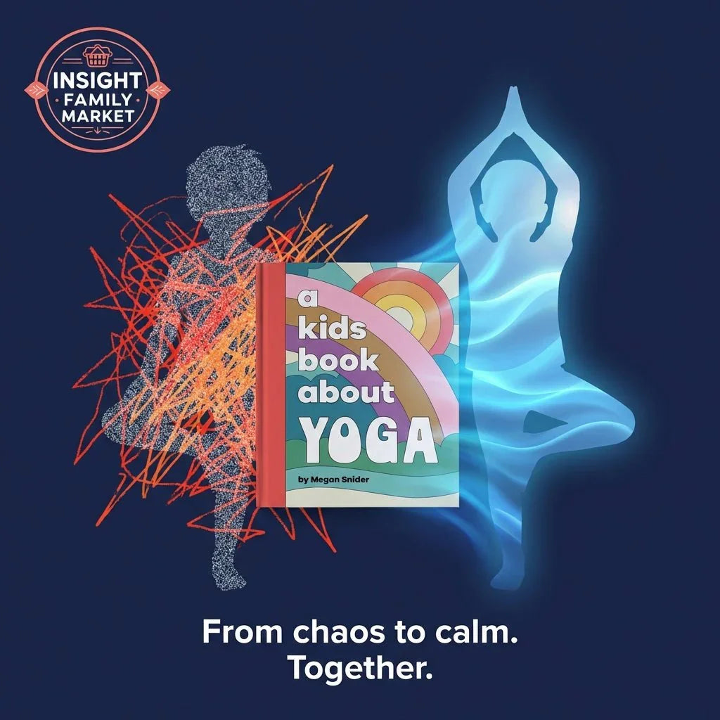 Kids yoga book with chaotic and calm child silhouettes, promoting mindfulness and inner peace