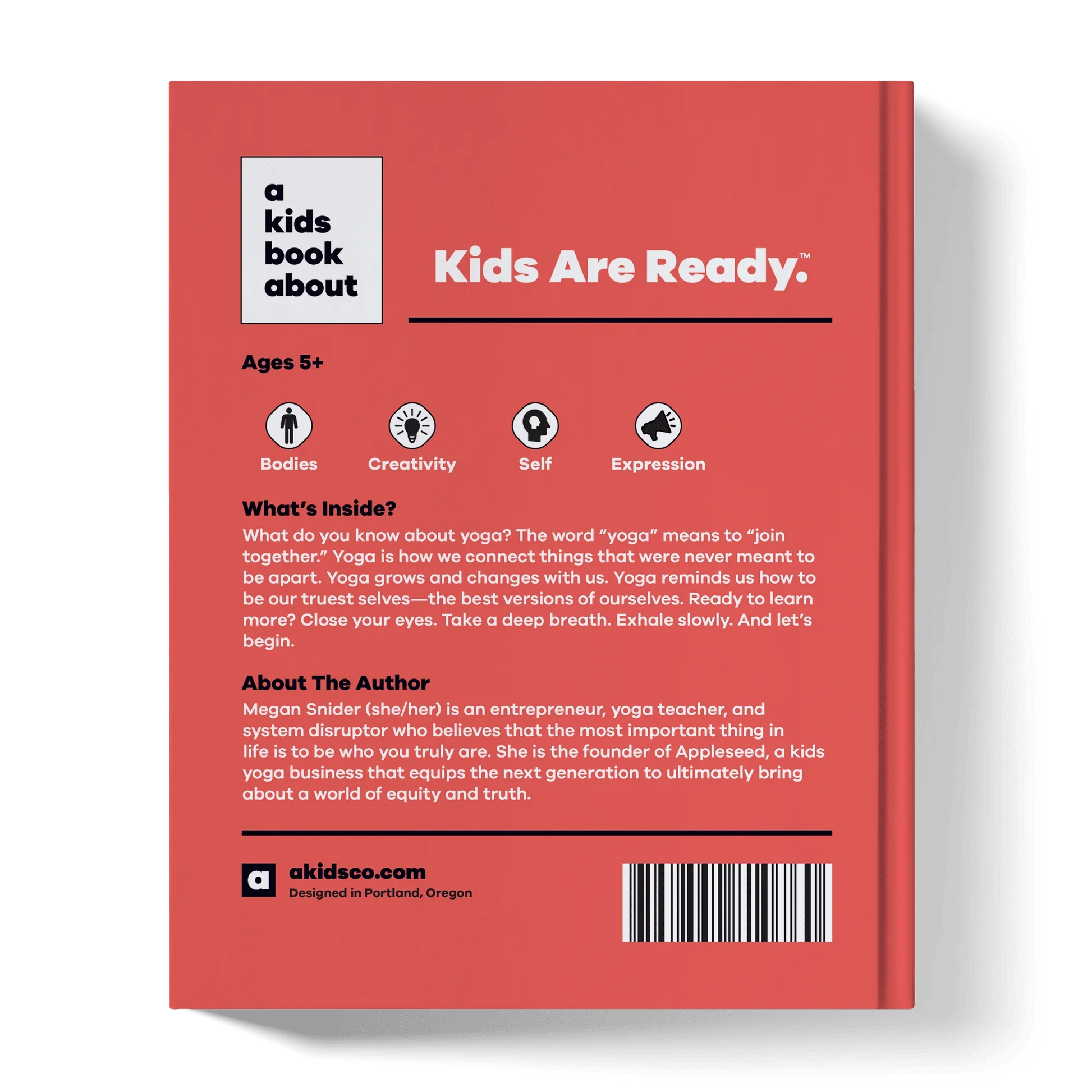 Back cover of a kids book about yoga, highlighting bodies, creativity, self, and expression.