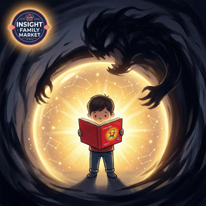 Child reading a glowing book, surrounded by darkness and starlit constellations, symbolizing empowerment.