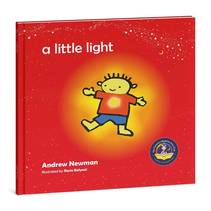 Children's book cover 'a little light' featuring a cheerful child illustration on a red starry background