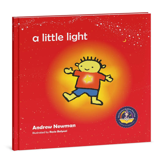 Children's book cover 'a little light' featuring a cheerful child illustration on a red starry background