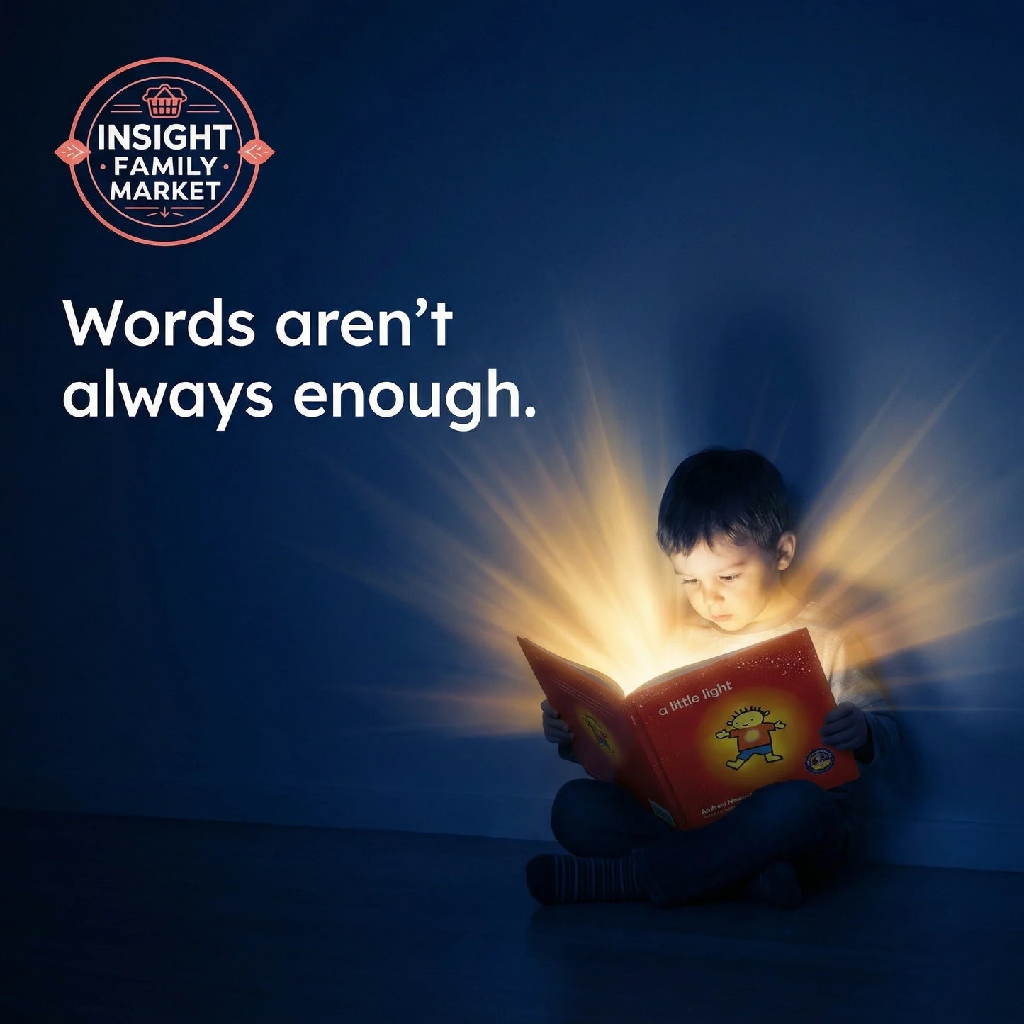 Young boy reading glowing book in dark room, sensory-friendly, learning support image